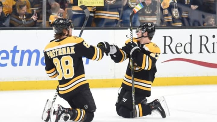 BOSTON, MA – JANUARY 17: David Pastrnak #88 and Torey Krug #47 of the Boston Bruins warm up before the game against the St. Louis Blues at the TD Garden on January 17, 2019 in Boston, Massachusetts. (Photo by Steve Babineau/NHLI via Getty Images)