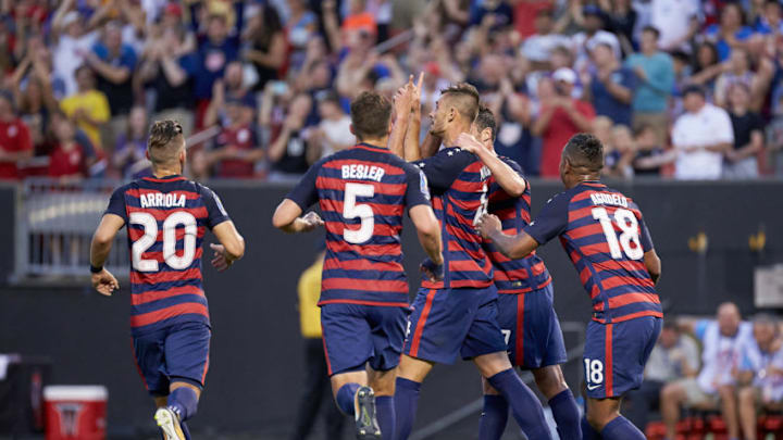 CLEVELAND, OH - JULY 15: United States defender Matt Miazga (4) celebrates with teammates after scoring a goal during a CONCACAF Gold Cup Group B match between the United States v Nicaragua at FirstEnergy Stadium on July 15, 2017 in Cleveland, OH. (Photo by Robin Alam/Icon Sportswire via Getty Images)