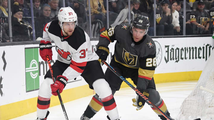 LAS VEGAS, NEVADA – MARCH 03: Pavel Zacha #37 of the New Jersey Devils skates with the puck against Paul Stastny #26 of the Vegas Golden Knights in the first period of their game at T-Mobile Arena on March 3, 2020 in Las Vegas, Nevada. (Photo by Ethan Miller/Getty Images)