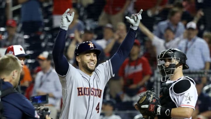 WASHINGTON, DC - JULY 17: George Springer #4 of the Houston Astros and the American League celebrates while rounding the bases after hitting a solo home run in the tenth inning against the National League during the 89th MLB All-Star Game, presented by Mastercard at Nationals Park on July 17, 2018 in Washington, DC. (Photo by Rob Carr/Getty Images)