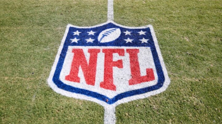 Oct 23, 2022; Jacksonville, Florida, USA; the NFL logo is displayed on the field before a game featuring the New York Giants and Jacksonville Jaguars at TIAA Bank Field. Mandatory Credit: Nathan Ray Seebeck-USA TODAY Sports
