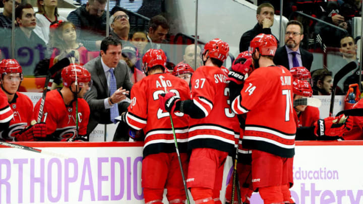 RALEIGH, NC - NOVEMBER 21: Head coach Rod Brind'Amour of the Carolina Hurricanes calls a timeout to talk with his team during an NHL game against the Philadelphia Flyers on November 21, 2019 at PNC Arena in Raleigh, North Carolina. (Photo by Gregg Forwerck/NHLI via Getty Images)