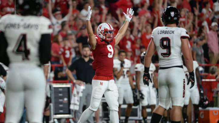 LINCOLN, NE - SEPTEMBER 14: Wide receiver Kanawai Noa #9 of the Nebraska Cornhuskers reacts after watching a replay of his touchdown in the second quarter against the Northern Illinois Huskies at Memorial Stadium on September 14, 2019 in Lincoln, Nebraska. (Photo by Steven Branscombe/Getty Images)