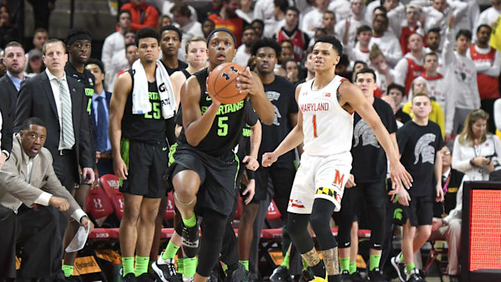 COLLEGE PARK, MD – FEBRUARY 29: Cassius Winston #5 of the Michigan State Spartans ltakes a shot during a college basketball game against the Maryland Terrapins at the Xfinity Center on February 29, 2020 in College Park, Maryland. (Photo by Mitchell Layton/Getty Images)