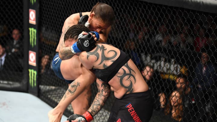 DENVER, CO - NOVEMBER 10: (L-R) Germaine de Randamie of The Netherlands lands a knee against Raquel Pennington in their women's bantamweight bout during the UFC Fight Night event inside Pepsi Center on November 10, 2018 in Denver, Colorado. (Photo by Josh Hedges/Zuffa LLC/Zuffa LLC via Getty Images)
