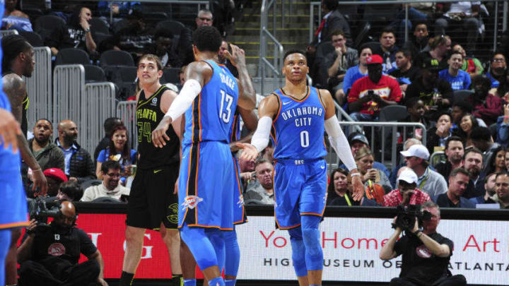 Paul George, Russell Westbrook, OKC Thunder (Photo by Scott Cunningham/NBAE via Getty Images)