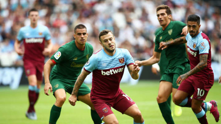 LONDON, ENGLAND - AUGUST 03: Jack Wilshire of West Ham holds off Dani Garcia of Bilbao during the Pre-Season Friendly match between West Ham United and Athletic Bilbao at the Olympic Stadium on August 03, 2019 in London, England. (Photo by Julian Finney/Getty Images)