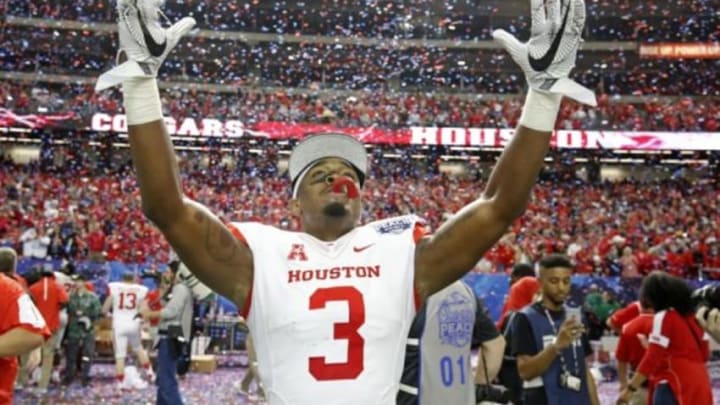 Dec 31, 2015; Atlanta, GA, USA; Houston Cougars cornerback William Jackson III (3) celebrates after defeating the Florida State Seminoles 38-24 during the 2015 Chick-fil-A Peach Bowl at the Georgia Dome. Mandatory Credit: Jason Getz-USA TODAY Sports