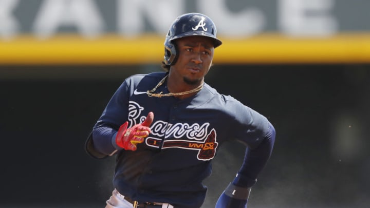 NORTH PORT, FLORIDA - MARCH 10: Ozzie Albies #1 of the Atlanta Braves rounds second base on his way to scoring a run against the Houston Astros during the first inning of a Grapefruit League spring training game at CoolToday Park on March 10, 2020 in North Port, Florida. (Photo by Michael Reaves/Getty Images)