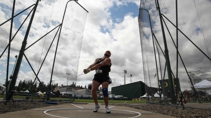 Jun 8, 2016; Eugene, OR, USA; Nick Miller of Oklahoma State wins the hammer at 242-8 (73.98m) during the 2016 NCAA Track and Field championships at Hayward Field. Mandatory Credit: Kirby Lee-USA TODAY Sports