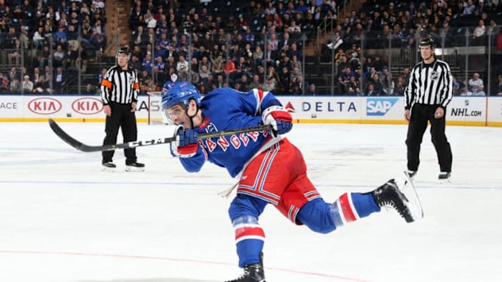 NEW YORK, NY - MARCH 25: Vinni Lettieri #95 of the New York Rangers shoots and scores in the first period against the Pittsburgh Penguins at Madison Square Garden on March 25, 2019 in New York City. (Photo by Jared Silber/NHLI via Getty Images)