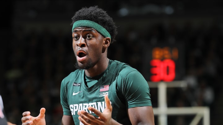 EAST LANSING, MI – FEBRUARY 04: Gabe Brown #44 of the Michigan State Spartans reacts to a call in the second half of the game against the Penn State Nittany Lions at the Breslin Center on February 4, 2020 in East Lansing, Michigan. (Photo by Rey Del Rio/Getty Images)