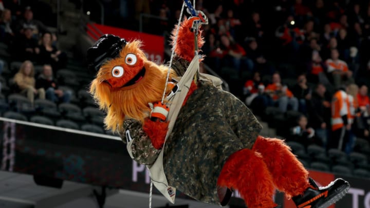 PHILADELPHIA, PENNSYLVANIA - NOVEMBER 10: The Philadelphia Flyers mascot Gritty makes an entrance before the game between the Philadelphia Flyers and the Chicago Blackhawks at Wells Fargo Center on November 10, 2018 in Philadelphia, Pennsylvania. (Photo by Elsa/Getty Images)