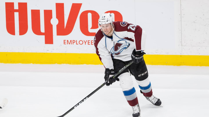 Apr 2, 2017; Saint Paul, MN, USA; Colorado Avalanche forward Nathan MacKinnon (29) passes in the third period against the Minnesota Wild at Xcel Energy Center. The Minnesota Wild beat the Colorado Avalanche 5-2. Mandatory Credit: Brad Rempel-USA TODAY Sports