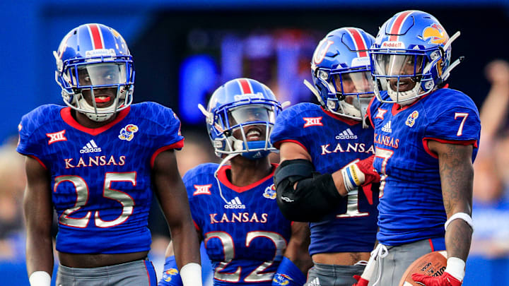 LAWRENCE, KS – SEPTEMBER 02: Derrick Neal #7 of the Kansas Jayhawks celebrates stopping a play against the Southeast Missouri State Redhawks during the first half on September 2, 2017 in Lawrence, Kansas. (Photo by Brian Davidson/Getty Images)