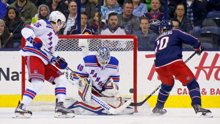 COLUMBUS, OH - NOVEMBER 10: Alexandar Georgiev #40 of the New York Rangers stops a shot from Alexander Wennberg #10 of the Columbus Blue Jackets during the game on November 10, 2018 at Nationwide Arena in Columbus, Ohio. (Photo by Kirk Irwin/Getty Images)