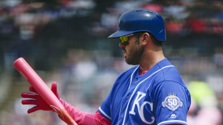 CLEVELAND, OH – MAY 13: Mike Moustakas #8 of the Kansas City Royals waits to bat against the Cleveland Indians during the first inning at Progressive Field on May 13, 2018, in Cleveland, Ohio. The Indians defeated the Royals 11-2. (Photo by Ron Schwane/Getty Images)