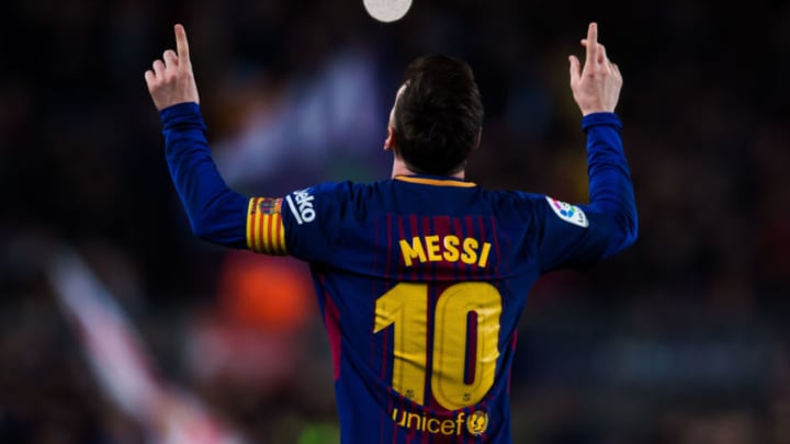 BARCELONA, SPAIN - APRIL 07: Lionel Messi of FC Barcelona celebrates after scoring the opening goal during the La Liga match between Barcelona and Leganes at Camp Nou on April 7, 2018 in Barcelona, Spain. (Photo by Alex Caparros/Getty Images)