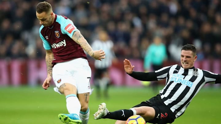 LONDON, ENGLAND - DECEMBER 23: Marko Arnautovic of West Ham scores his teams first goal during the Premier League match between West Ham United and Newcastle United at London Stadium on December 23, 2017 in London, England. (Photo by Julian Finney/Getty Images)