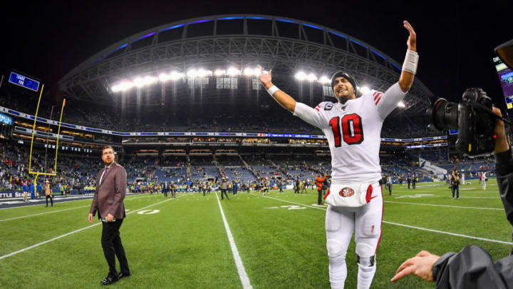 SEATTLE, WASHINGTON - DECEMBER 29: Jimmy Garoppolo #10 of the San Francisco 49ers celebrates after the game against the Seattle Seahawks at CenturyLink Field on December 29, 2019 in Seattle, Washington. The San Francisco 49ers top the Seattle Seahawks 26-21. (Photo by Alika Jenner/Getty Images)
