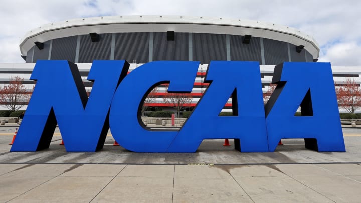 ATLANTA, GA – APRIL 05: A detail of giant NCAA logo is seen outside of the stadium on the practice day prior to the NCAA Men’s Final Four at the Georgia Dome on April 5, 2013 in Atlanta, Georgia. (Photo by Streeter Lecka/Getty Images)