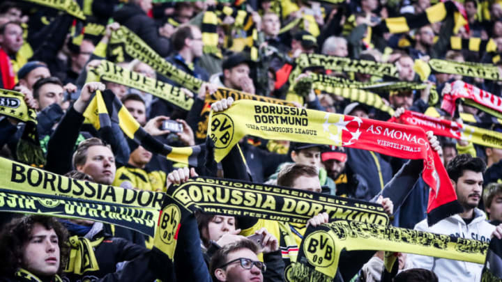 DORTMUND, GERMANY - APRIL 12: Fans of Dortmund prior the UEFA Champions League Quarter Final first leg match between Borussia Dortmund and AS Monaco at Signal Iduna Park on April 12, 2017 in Dortmund, Germany. (Photo by Maja Hitij/Bongarts/Getty Images)