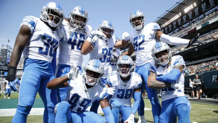 PHILADELPHIA, PENNSYLVANIA - SEPTEMBER 22: Jamal Agnew #39 of the Detroit Lions celebrates his 100 yard kick off return for a touchdown with teammates Dee Virgin #30,Nick Bawden #46,C.J. Moore #49,Miles Killebrew #35,Logan Thomas #82 and Mike Ford #38 in the first quarter against the Philadelphia Eagles at Lincoln Financial Field on September 22, 2019 in Philadelphia, Pennsylvania. (Photo by Elsa/Getty Images)