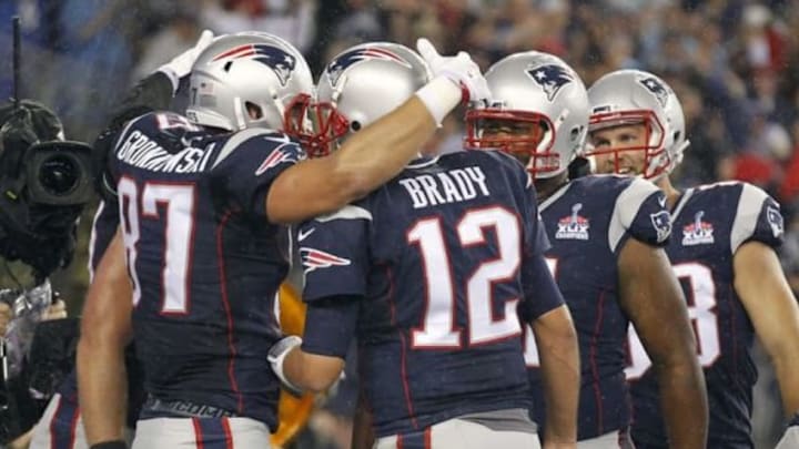 Sep 10, 2015; Foxborough, MA, USA; New England Patriots tight end Rob Gronkowski (87) celebrates his touchdown with quarterback Tom Brady (12) during the second quarter against the Pittsburgh Steelers at Gillette Stadium. Mandatory Credit: Stew Milne-USA TODAY Sports