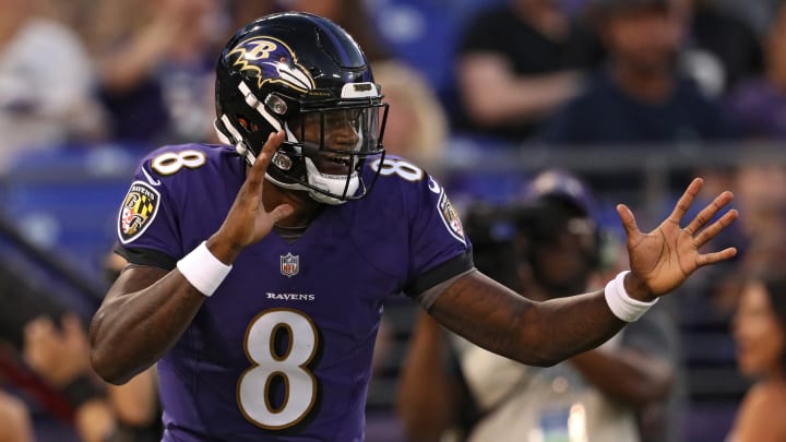 BALTIMORE, MD – AUGUST 09: Lamar Jackson #8 of the Baltimore Ravens celebrates after scoring a touchdown during the first quarter against the Los Angeles Rams during a preseason game at M&T Bank Stadium on August 9, 2018 in Baltimore, Maryland. (Photo by Patrick Smith/Getty Images)