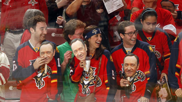 SUNRISE, FL – MARCH 19: Florida Panthers fans watch warm-ups holding Kevin Spacey masks, prior to the start of the game against the Detroit Red Wings at the BB&T Center on March 19, 2016 in Sunrise, Florida. (Photo by Eliot J. Schechter/NHLI via Getty Images)