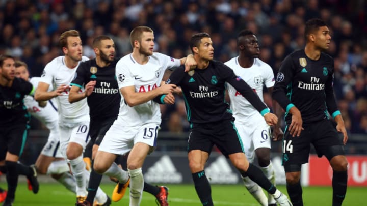 L-R Tottenham Hotspur's Eric Dier and Cristiano Ronaldo of Real Madrid CFduring ChampionS League Group H match between Tottenham Hotspur against Real Madrid at Wembley Stadium London on 1 Nov 2017 (Photo by Kieran Galvin/NurPhoto via Getty Images)