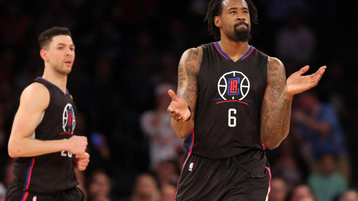 Feb 8, 2017; New York, NY, USA; Los Angeles Clippers center DeAndre Jordan (6) reacts during the fourth quarter against the New York Knicks at Madison Square Garden. Mandatory Credit: Brad Penner-USA TODAY Sports