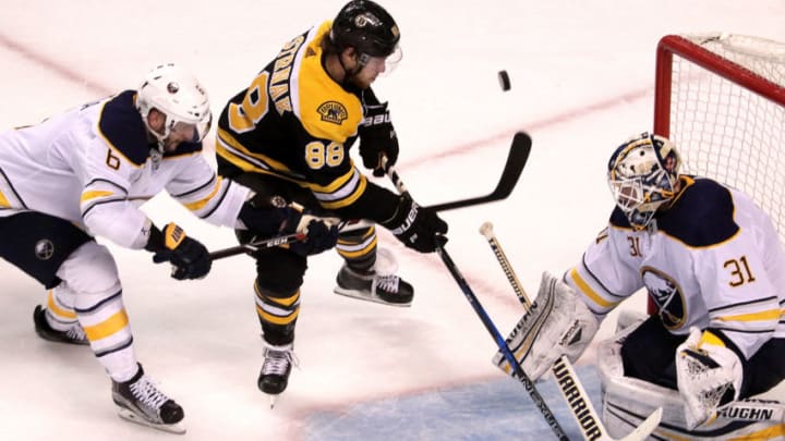 BOSTON - FEBRUARY 10: Boston Bruins right wing David Pastrnak (88) can't make a play as he is checked by Buffalo Sabres defenseman Marco Scandella (6) during the third period. The Boston Bruins host the Buffalo Sabres at TD Garden in Boston on Feb. 10, 2018. (Photo by Barry Chin/The Boston Globe via Getty Images)