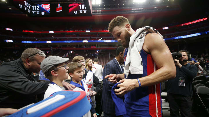 DETROIT, MI – MARCH 3: Blake Griffin #23 of the Detroit Pistons signs autographs after the game against the Toronto Raptors on March 3, 2019 at Little Caesars Arena in Detroit, Michigan. NOTE TO USER: User expressly acknowledges and agrees that, by downloading and/or using this photograph, user is consenting to the terms and conditions of the Getty Images License Agreement. Mandatory Copyright Notice: Copyright 2019 NBAE (Photo by Brian Sevald/NBAE via Getty Images)