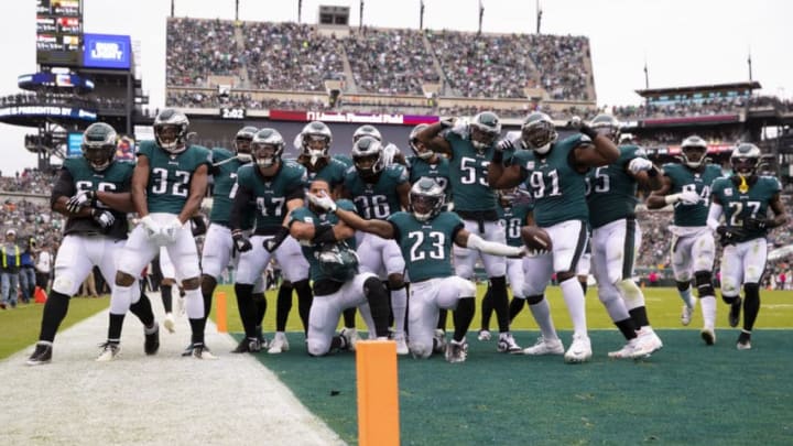 PHILADELPHIA, PA - OCTOBER 06: The Philadelphia Eagles defense pose for a picture after an interception by Rodney McLeod #23 in the second quarter against the New York Jets at Lincoln Financial Field on October 6, 2019 in Philadelphia, Pennsylvania. (Photo by Mitchell Leff/Getty Images)