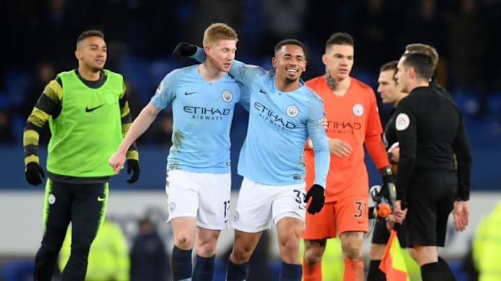 LIVERPOOL, ENGLAND - FEBRUARY 06: Gabriel Jesus and Kevin De Bruyne of Manchester City celebrate victory during the Premier League match between Everton FC and Manchester City at Goodison Park on February 06, 2019 in Liverpool, United Kingdom. (Photo by Laurence Griffiths/Getty Images)
