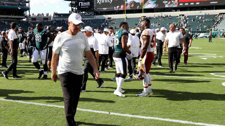 PHILADELPHIA, PENNSYLVANIA – SEPTEMBER 08: Head coach Jay Gruden of the Washington Redskins leaves the field following the Redskins lose to the Philadelphia Eagles at Lincoln Financial Field on September 08, 2019 in Philadelphia, Pennsylvania. (Photo by Rob Carr/Getty Images)