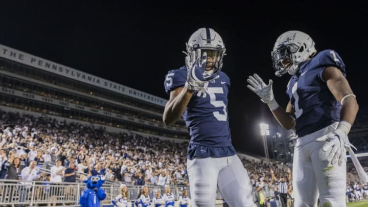 STATE COLLEGE, PA - SEPTEMBER 07: Jahan Dotson #5 of the Penn State Nittany Lions celebrates with KJ Hamler #1 after scoring a touchdown against the Buffalo Bulls during the second half at Beaver Stadium on September 07, 2019 in State College, Pennsylvania. (Photo by Scott Taetsch/Getty Images)