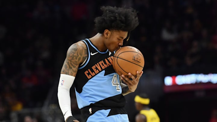 Feb 29, 2020; Cleveland, Ohio, USA; Cleveland Cavaliers guard Kevin Porter Jr. (4) reacts after committing a foul during the second half against the Indiana Pacers at Rocket Mortgage FieldHouse. Mandatory Credit: Ken Blaze-USA TODAY Sports