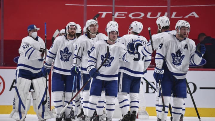 MONTREAL, QC - APRIL 28: The Toronto Maple Leafs celebrate a win against the Montreal Canadiens at the Bell Centre on April 28, 2021 in Montreal, Canada. The Toronto Maple Leafs defeated the Montreal Canadiens 4-1. (Photo by Minas Panagiotakis/Getty Images)