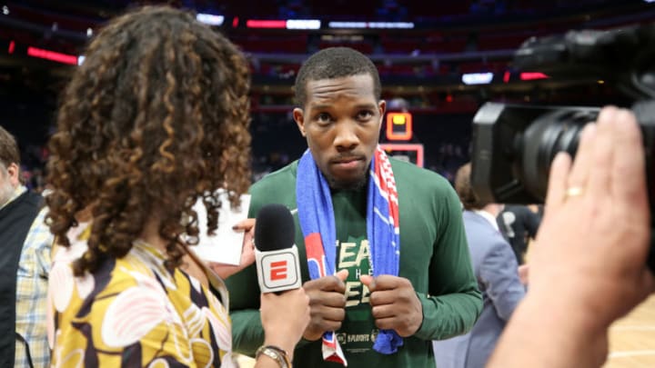 DETROIT, MI - APRIL 22: Eric Bledsoe #6 of the Milwaukee Bucks speaks to the media after Game Four of Round One against the Detroit Pistons during the 2019 NBA Playoffs on April 22, 2019 at Little Caesars Arena in Detroit, Michigan. NOTE TO USER: User expressly acknowledges and agrees that, by downloading and/or using this photograph, user is consenting to the terms and conditions of the Getty Images License Agreement. Mandatory Copyright Notice: Copyright 2019 NBAE (Photo by Brian Sevald/NBAE via Getty Images)
