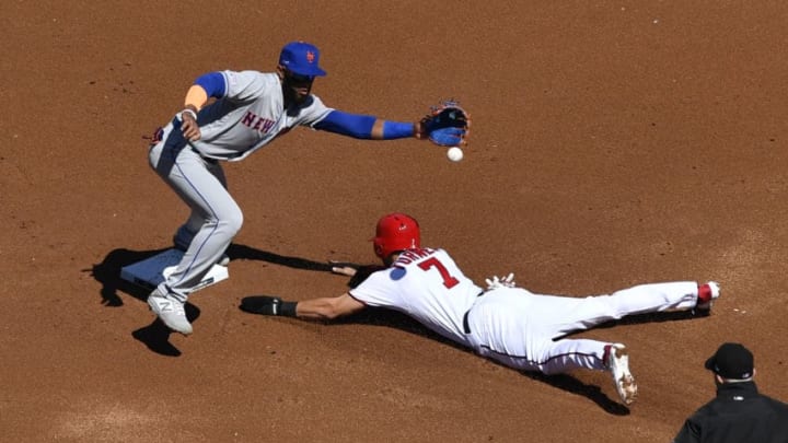 FanDuel MLB: WASHINGTON, DC - MARCH 28: Trea Turner #7 of the Washington Nationals steals second base against Amed Rosario #1 of the New York Mets in the first inning on Opening Day at Nationals Park on March 28, 2019 in Washington, DC. (Photo by Patrick McDermott/Getty Images)