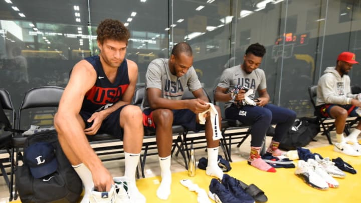 EL SEGUNDO, CA - AUGUST 14: Brook Lopez, Khris Middleton and Donovan Mitchell of USA Basketball warms up before the game at UCLA Health Training Center on August 14, 2019 in El Segundo, California. NOTE TO USER: User expressly acknowledges and agrees that, by downloading and/or using this Photograph, user is consenting to the terms and conditions of the Getty Images License Agreement. Mandatory Copyright Notice: Copyright 2019 NBAE (Photo by Andrew D. Bernstein/NBAE via Getty Images)