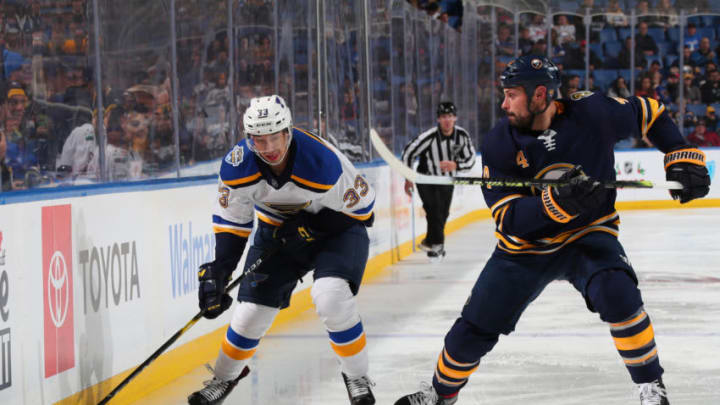 BUFFALO, NY - DECEMBER 10: Jordan Kyrou #33 of the St. Louis Blues skates against Zach Bogosian #4 of the Buffalo Sabres during an NHL game on December 10, 2019 at KeyBank Center in Buffalo, New York. (Photo by Bill Wippert/NHLI via Getty Images)