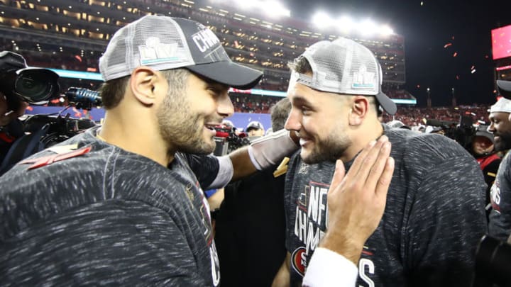 Jimmy Garoppolo #10 and Nick Bosa #97 of the San Francisco 49ers. (Photo by Ezra Shaw/Getty Images)