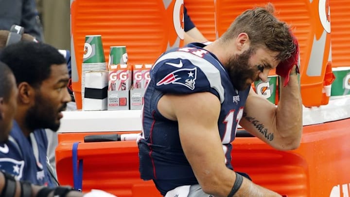 Oct 2, 2016; Foxborough, MA, USA; New England Patriots wide receiver Julian Edelman (11) sits on the bench during the second half of the Buffalo Bills 16-0 win over the New England Patriots at Gillette Stadium. Mandatory Credit: Winslow Townson-USA TODAY Sports