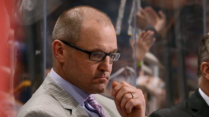 GLENDALE, AZ – FEBRUARY 26: Head coach Dan Bylsma of the Buffalo Sabres looks on during second period action against the Arizona Coyotes at Gila River Arena on February 26, 2017 in Glendale, Arizona. (Photo by Norm Hall/NHLI via Getty Images)