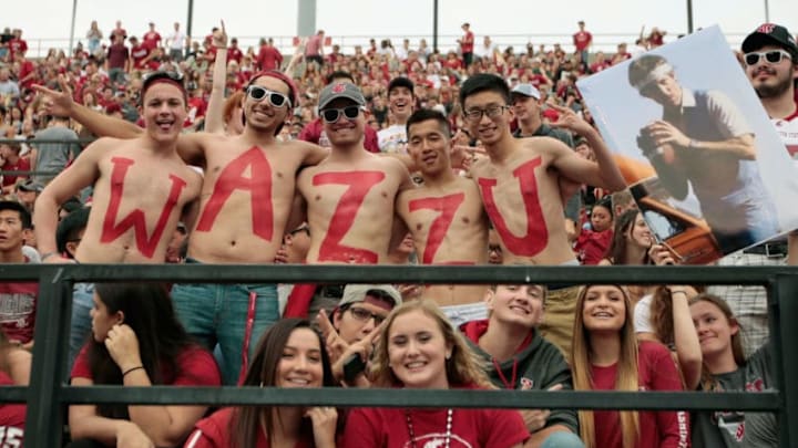 PULLMAN, WA - SEPTEMBER 29: Fans for the Washington State Cougars spell it out during the game against the Utah Utes at Martin Stadium on September 29, 2018 in Pullman, Washington. Washington State defeated Utah 28-24. (Photo by William Mancebo/Getty Images)