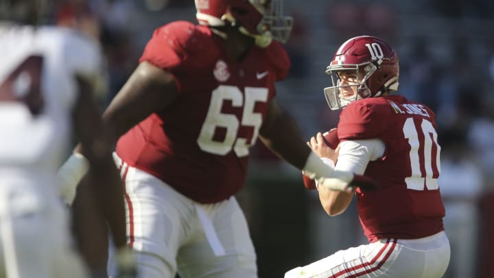 Oct 3, 2020; Tuscaloosa, Alabama, USA; Alabama quarterback Mac Jones (10) looks to pass against Texas A&M at Bryant-Denny Stadium. Mandatory Credit: Gary Cosby Jr/The Tuscaloosa News via USA TODAY Sports