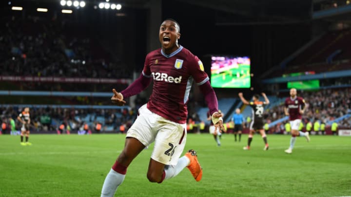 BIRMINGHAM, ENGLAND - AUGUST 22: Jonathan Kodjia of Aston Villa celebrates after scoring his team's second goal during the Sky Bet Championship match between Aston Villa and Brentford at Villa Park on August 22, 2018 in Birmingham, England. (Photo by Clive Mason/Getty Images)